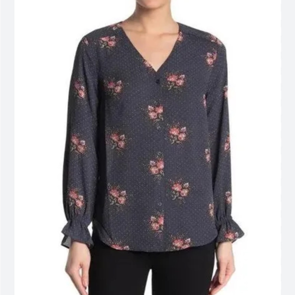 T Tahari polka dot/floral button up blouse